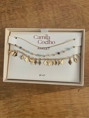 Camila Coelho Gold Layered Dangling Anklet with Blue Bead Accents